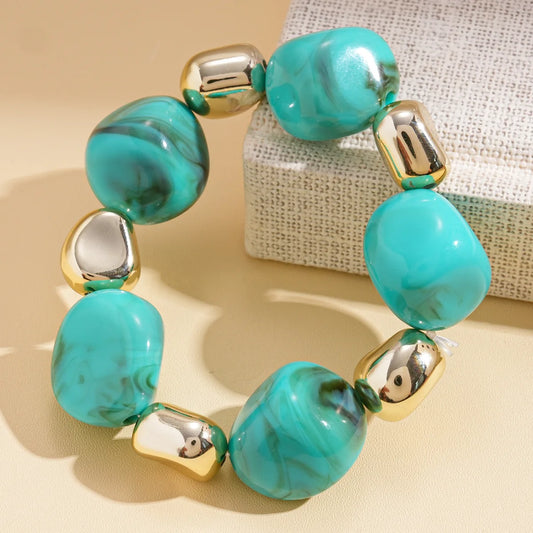 Luckacco 7 Styles Trendy Splicing Acrylic Round Beads Bracelets Bohemian Thick Irregular Resin Elastic Bangles Retro Jewelry for Women F