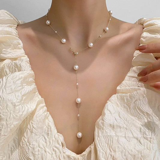 Luckacco Vintage Pearl Pendant Necklace for Women Elegant Beaded Long Tassel Sweater Collar Chain Accessories Temperament Fashion Jewelry