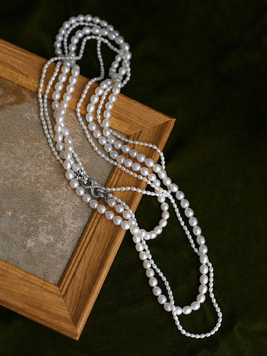 Luckacco Women Elegant Multilayer Long Freshwater Pearls Necklace Sweater Chain Jewelry Fashion Eight Buckle Necklaces
