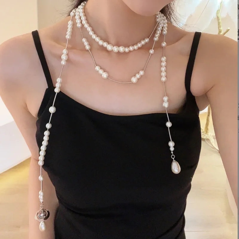 luckacco multi-layer saturn pearl necklace female high-end sense queen mother west tassel necklace sweater chain imitation pearl necklace
