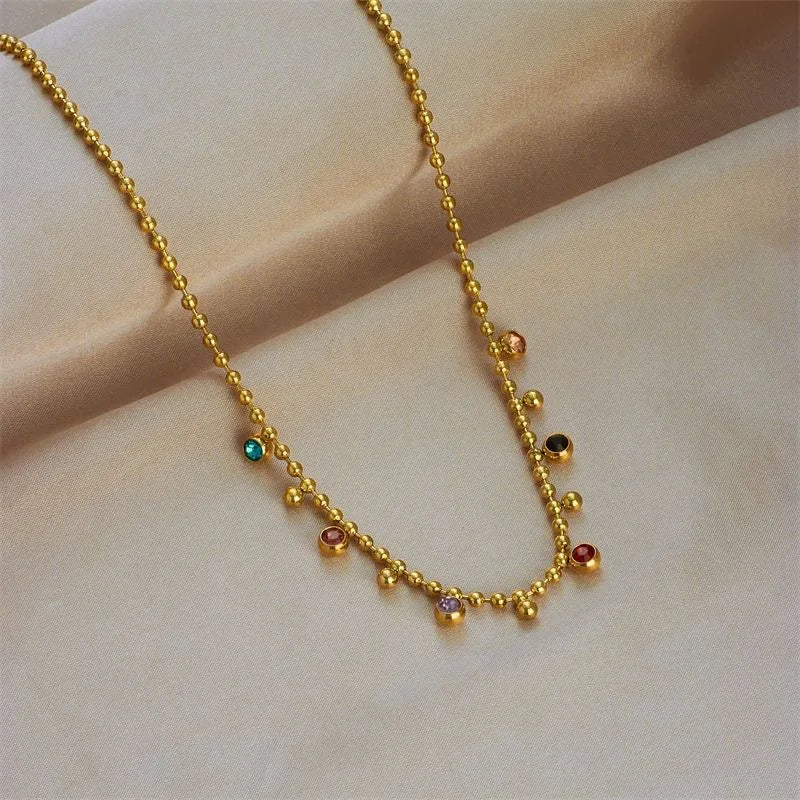 luckacco 316l stainless steel multicolor crystal zircon necklace for women fashion lady ball chain wedding party jewelry gifts