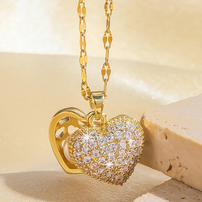 luckacco picks french shell pearl necklace for women gold color stainless steel zircon love heart clavicle chain choker wedding jewelry