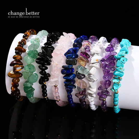 Luckacco Change Better Natural Stone Amethyst Gravel Chip Bead Adjustable Braided Bracelet Women Men Small Round Bead Strand Healing Gift