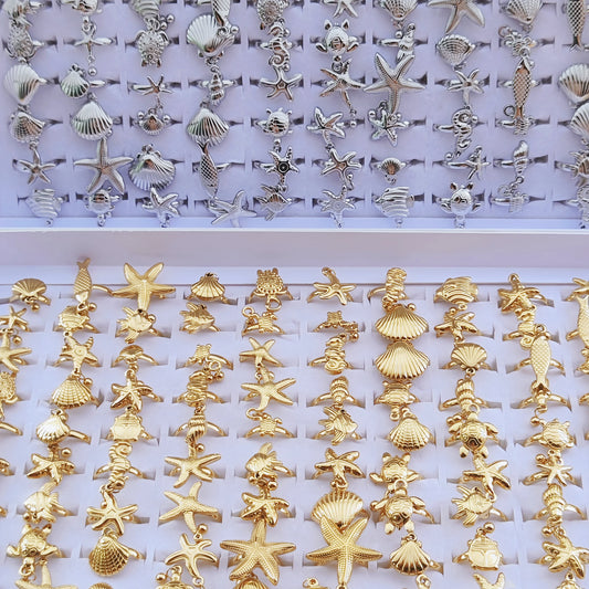 Luckacco 10 Pcs Stainless Steel Ocean Shell Conch Sea Turtle Fish Tail Dolphin Bead Ring Jewelry Size Opening Adjustable Party Gift