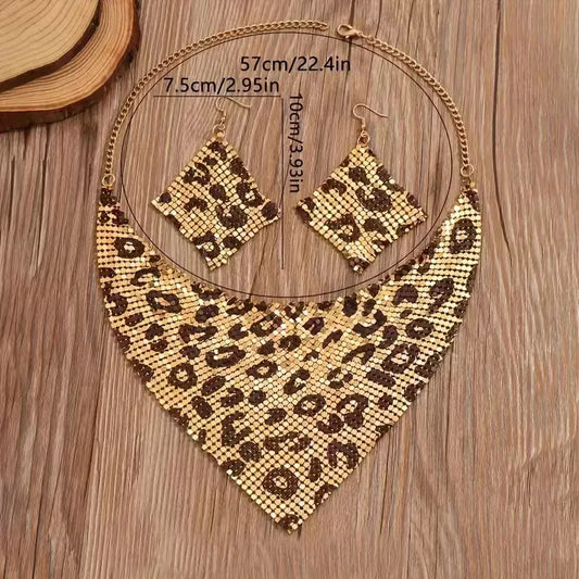 Luckacco Exaggerated Leopard Print Triangle Scarf Shaped Necklace Diamond Drop Earrings For Women Fashion Party 2PCS Jewelry Set