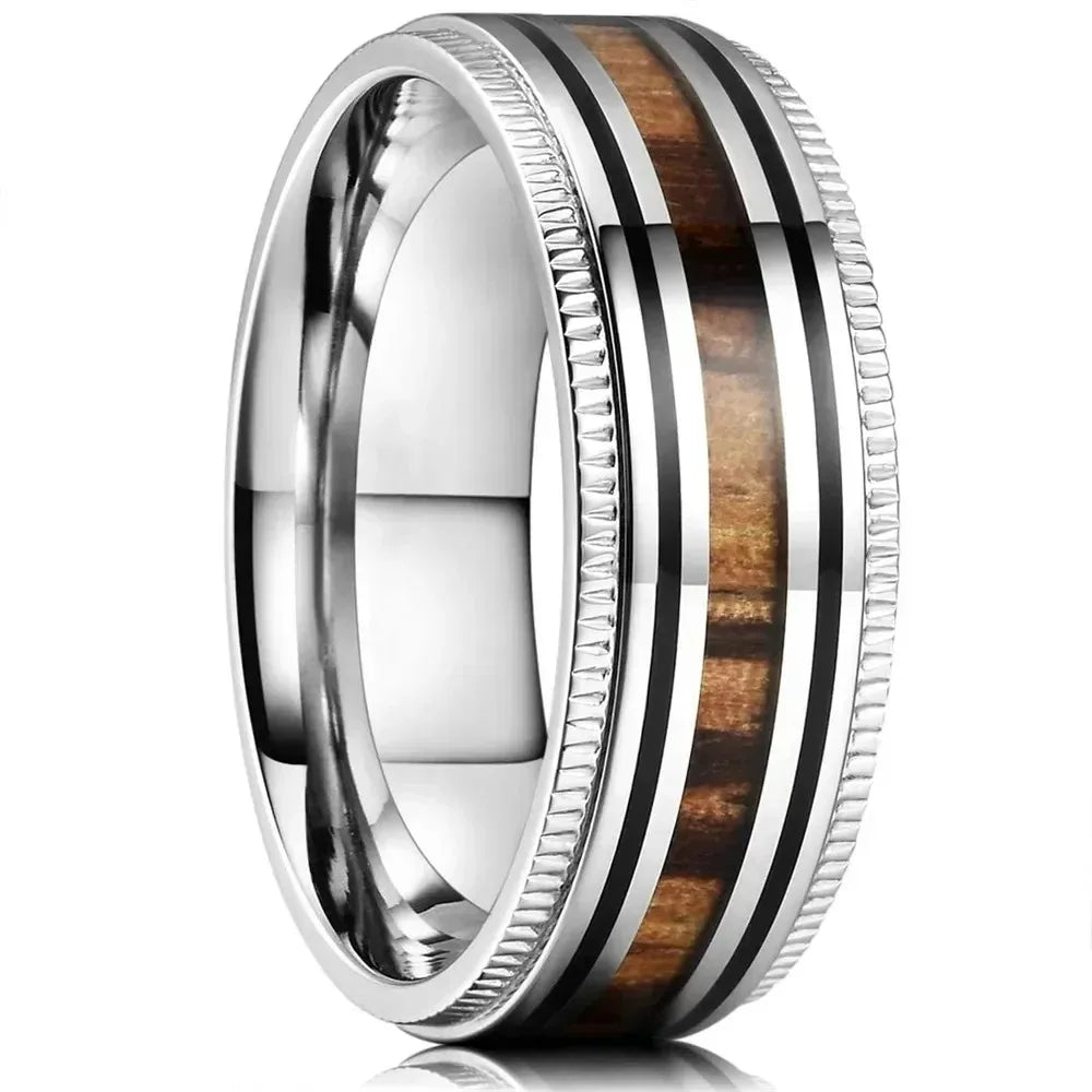 luckacco fashion 8mm men stainless steel rings silver color brushed deer antler and koa wood rings for men wedding band jewelry