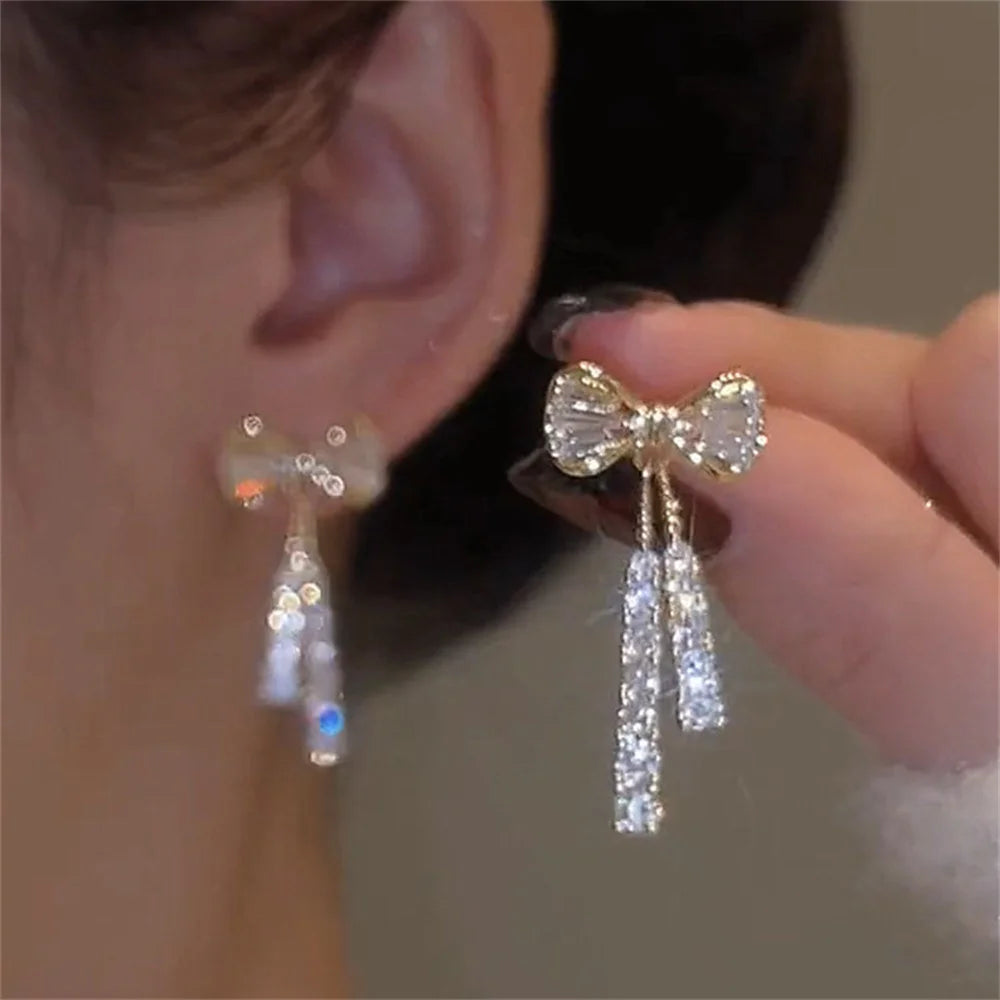 luckacco fashion zircon bow earrings acrylic crystal tassel earrings for women fashion party jewelry trendy accessories gifts