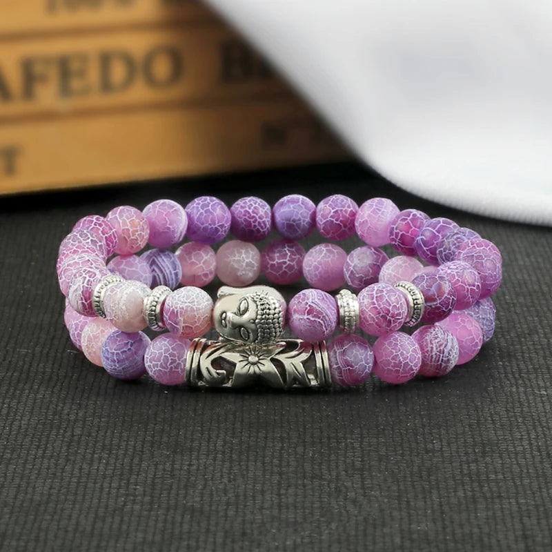 luckacco 2pcs/set buddha head bracelet for women men natural tiger eye lava stone yoga beads distance bracelets charm couple jewelry gift