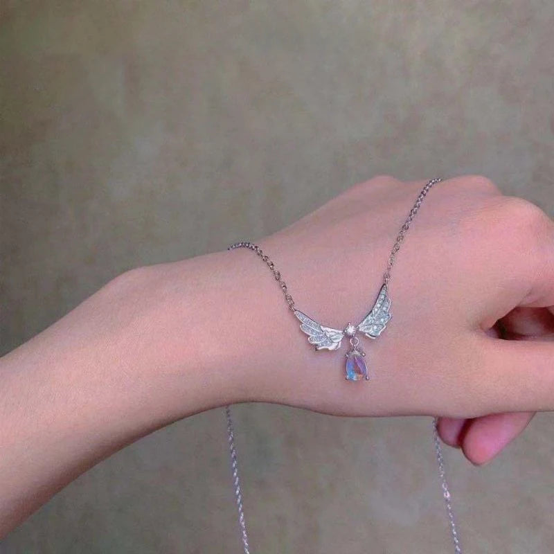 luckacco light luxury angel wings pendant necklace ladies fashion exquisite moonstone collarbone necklace delicate wedding jewelry