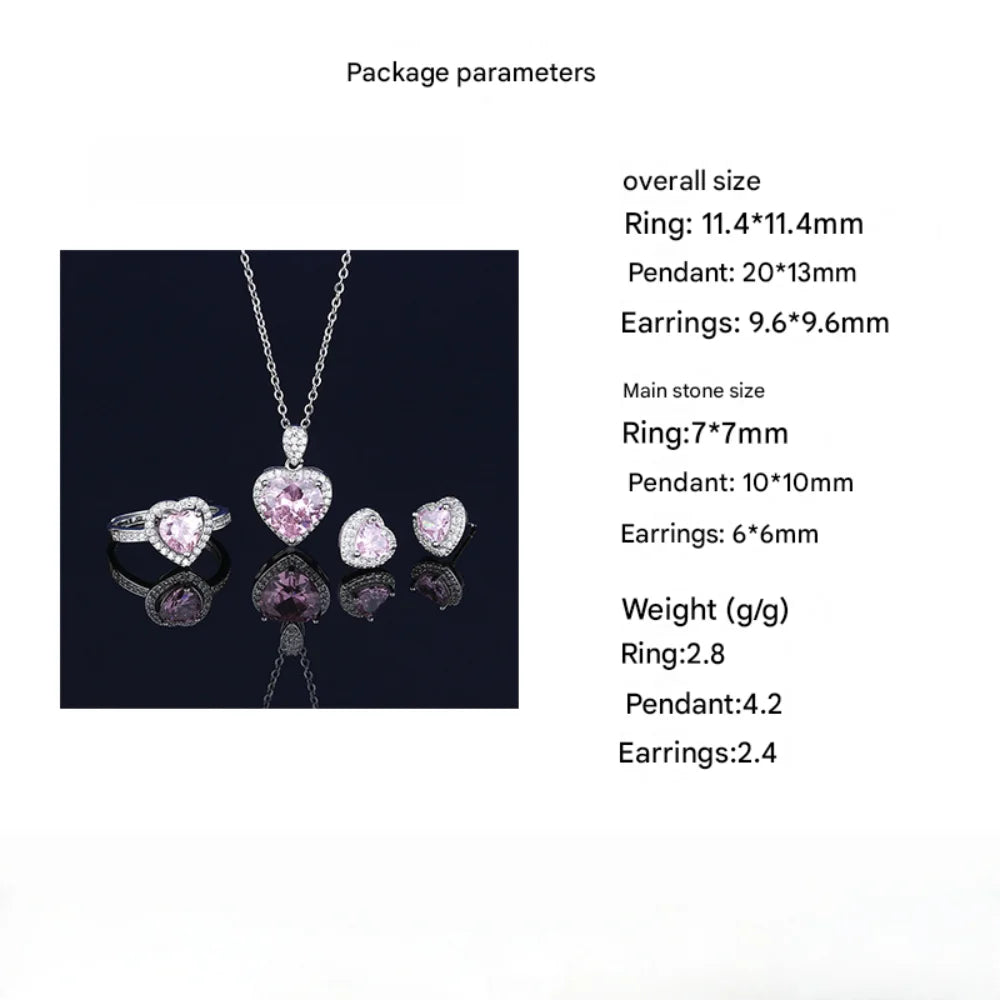 luckacco 925 sterling silver jewelry set heart shape pink crystal zircon necklace earrings ring women's elegant jewelry