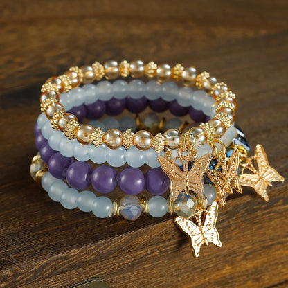 Luckacco 4pcs Set Bohemia Exquisite Acrylic Beaded Crystal Butterfly Bracelet for Women Charm Multilayer Pearl Bangle Jewelry Friend Gift