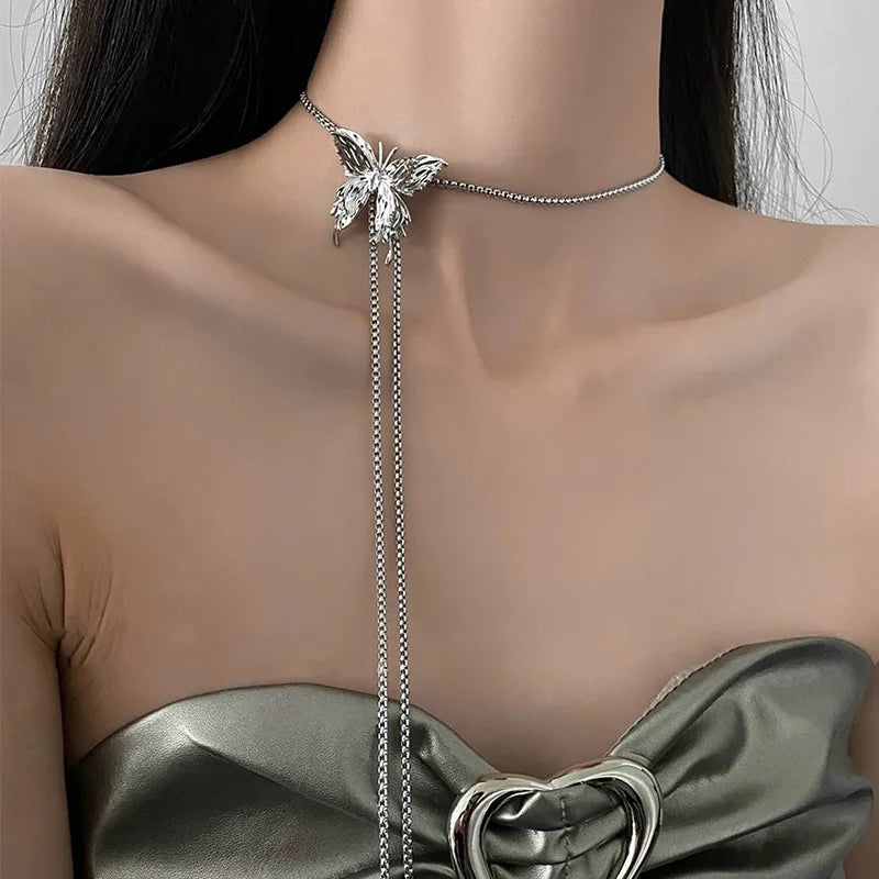 luckacco gothic black butterfly necklace for women silver color butterfly pendant adjustable snake bone chain punk hiphop jewelry party