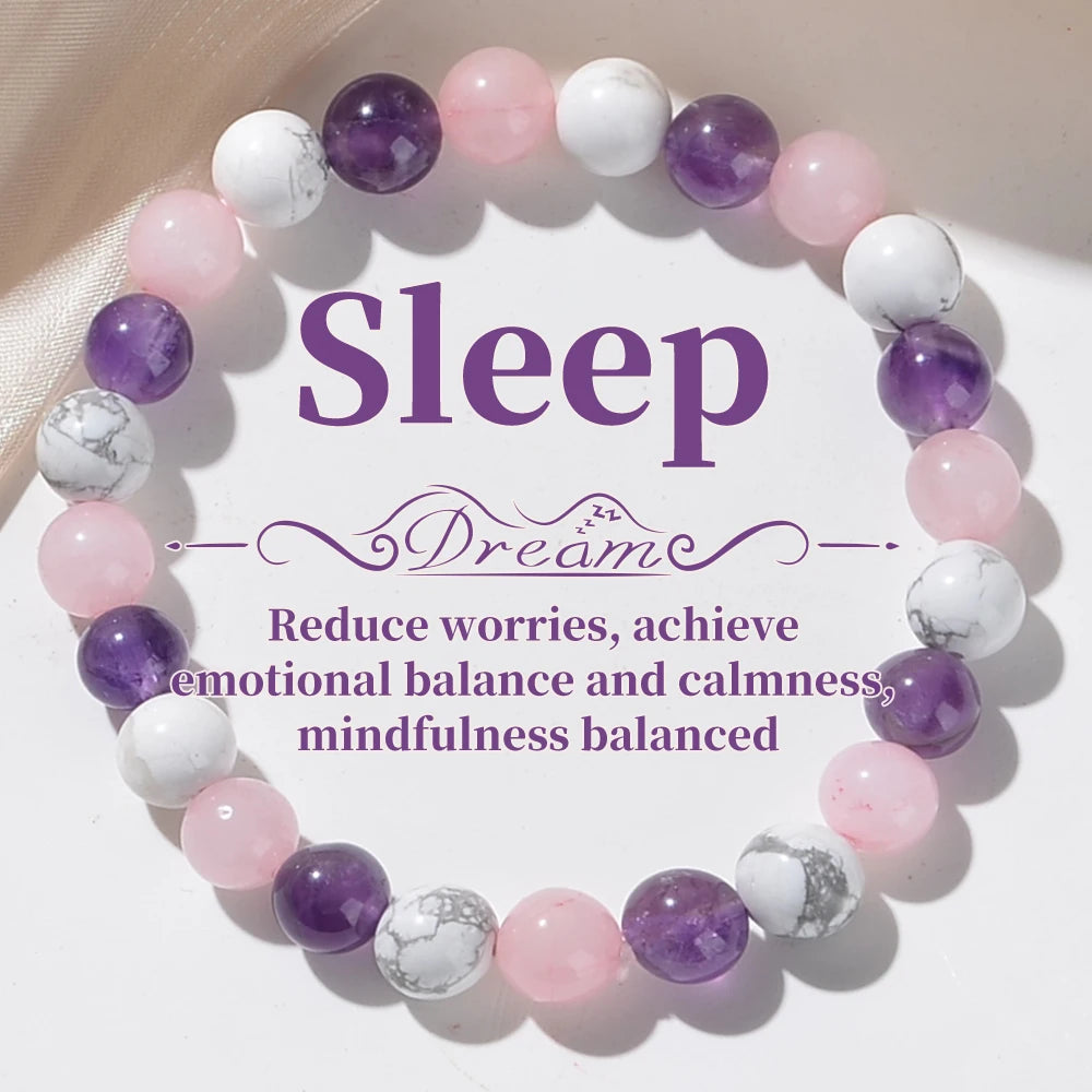 luckacco 1pc fashionable aura balancing sleep bracelet, 8mm natural stone sleep bracelet - white turquoise - amethyst - rose quartz