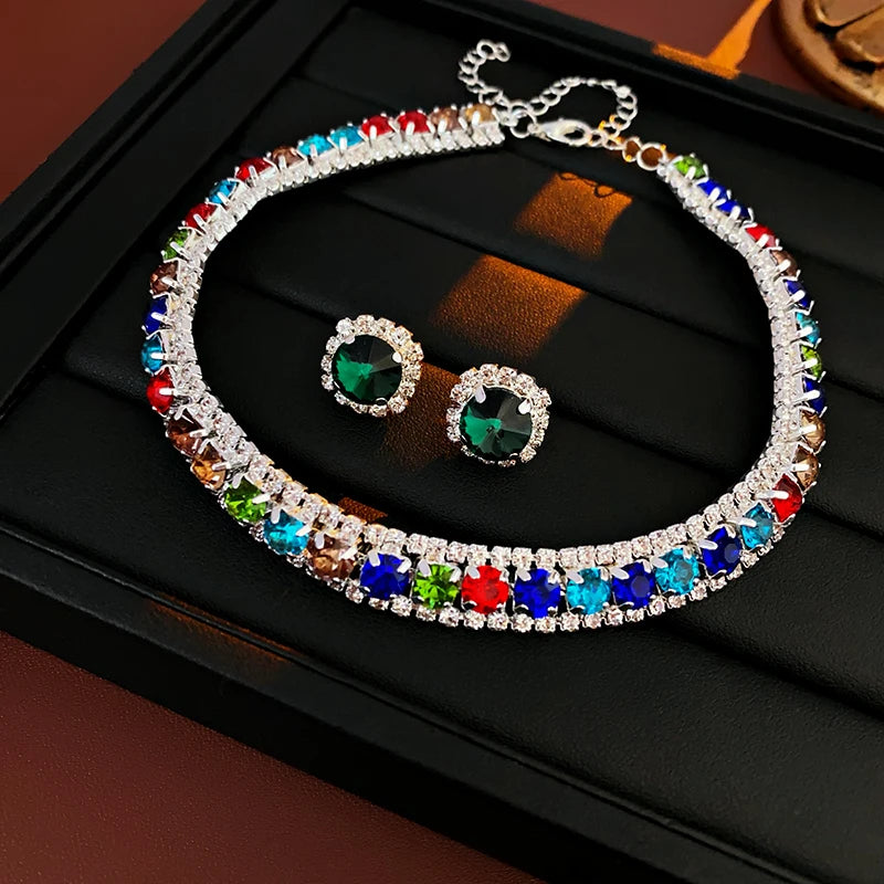 luckacco luxury green rhinestone necklace stud earrings for women crystal choker necklaces ladies fashion weddings banquet jewelry set