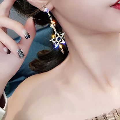 Luckacco Elegant Silver Color Asymmetric Star Moon Earrings Long Statement Tassel Sparkling Personalized Earrings Jewelry