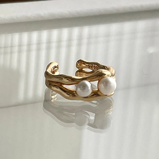 Luckacco Foxanry Silver Color Pearl Rings for Women New Fashion Simple Double-layered Geometric Handmade Party Jewelry Gifts серьга