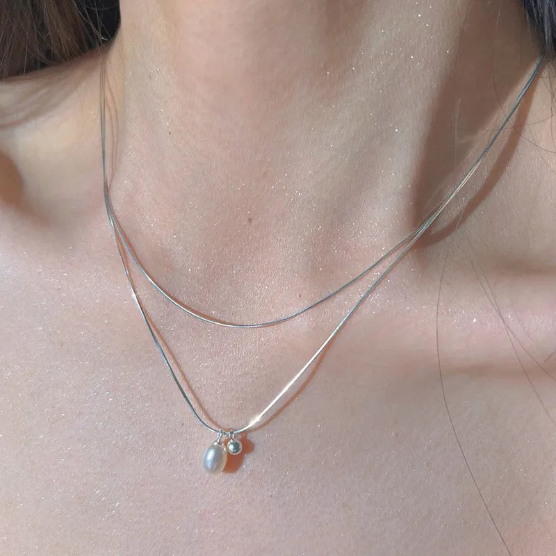 luckacco new trendy fashion 925 silver pearl simple elegant thin chain pendant necklace for women girl jewelry dropship
