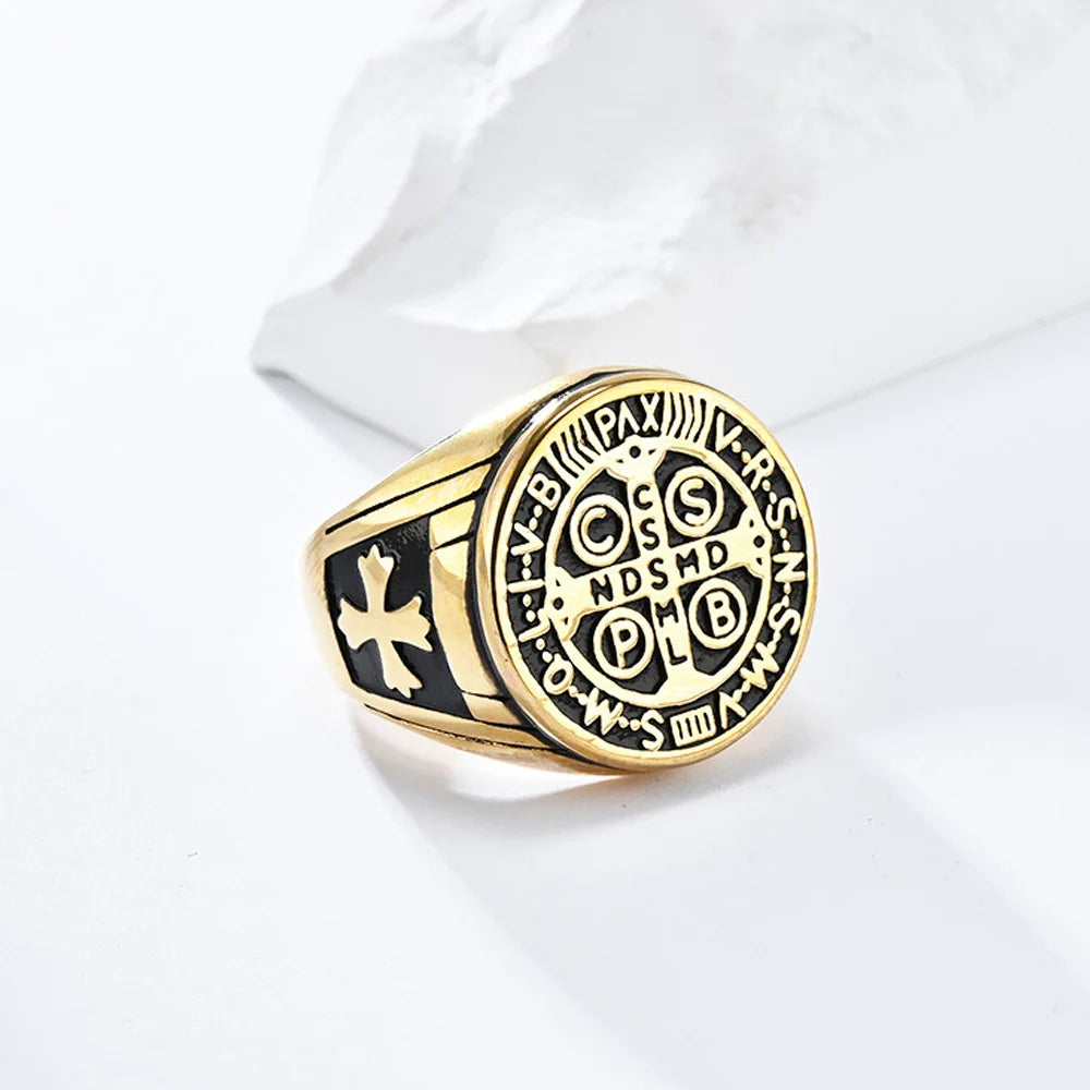 luckacco vintage exorcism saint benedict cspb cross ring men punk amulet christianity rings stainless steel jewelry gift