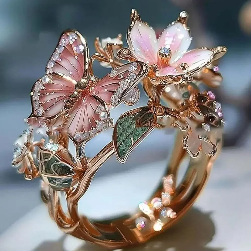 luckacco aesthetic flower butterfly rings for female romantic rhinestone stylish non-fading opening ring women wedding jewelry party gift