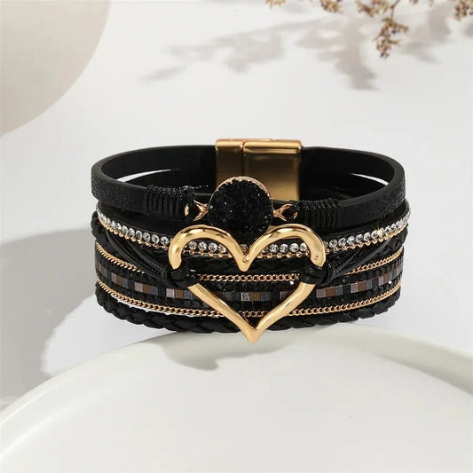 Luckacco New Metal Love Heart Charm Leather Bracelets for Women Fashion Bohemian Rhinestone Resin Wrap Bracelet Bangle Couple Jewelry