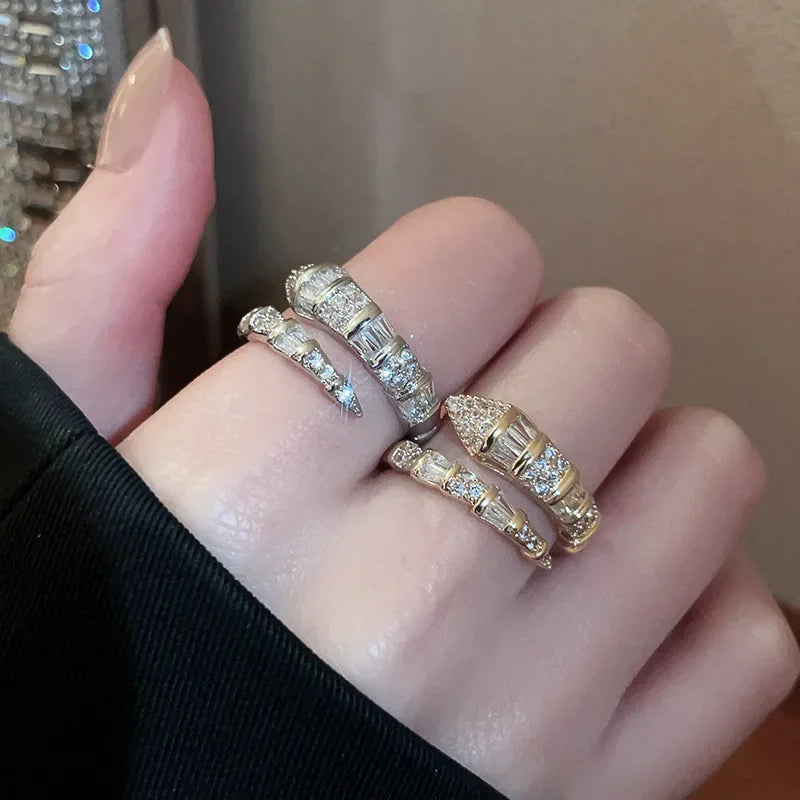 luckacco versatile fashion trendy snake shaped open rings for women high-end zircon stainless steel adjustable rings jewelry accessories