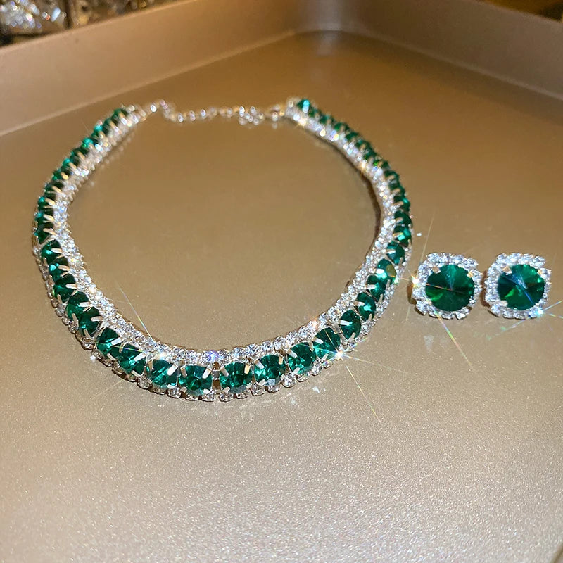 luckacco luxury green rhinestone necklace stud earrings for women crystal choker necklaces ladies fashion weddings banquet jewelry set