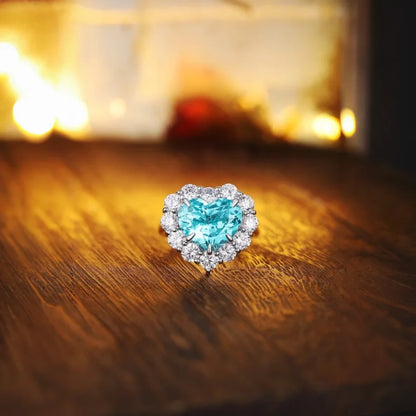 Luckacco Heart Shape 925 Silver Rings Lab Grown Paraiba Diamond Jewellery Gift for Her Wedding