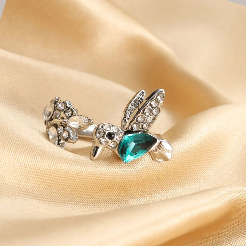 luckacco elegant natural blue stone adjustable hummingbird rings for women glass filled rings female engagement wedding party jewelry