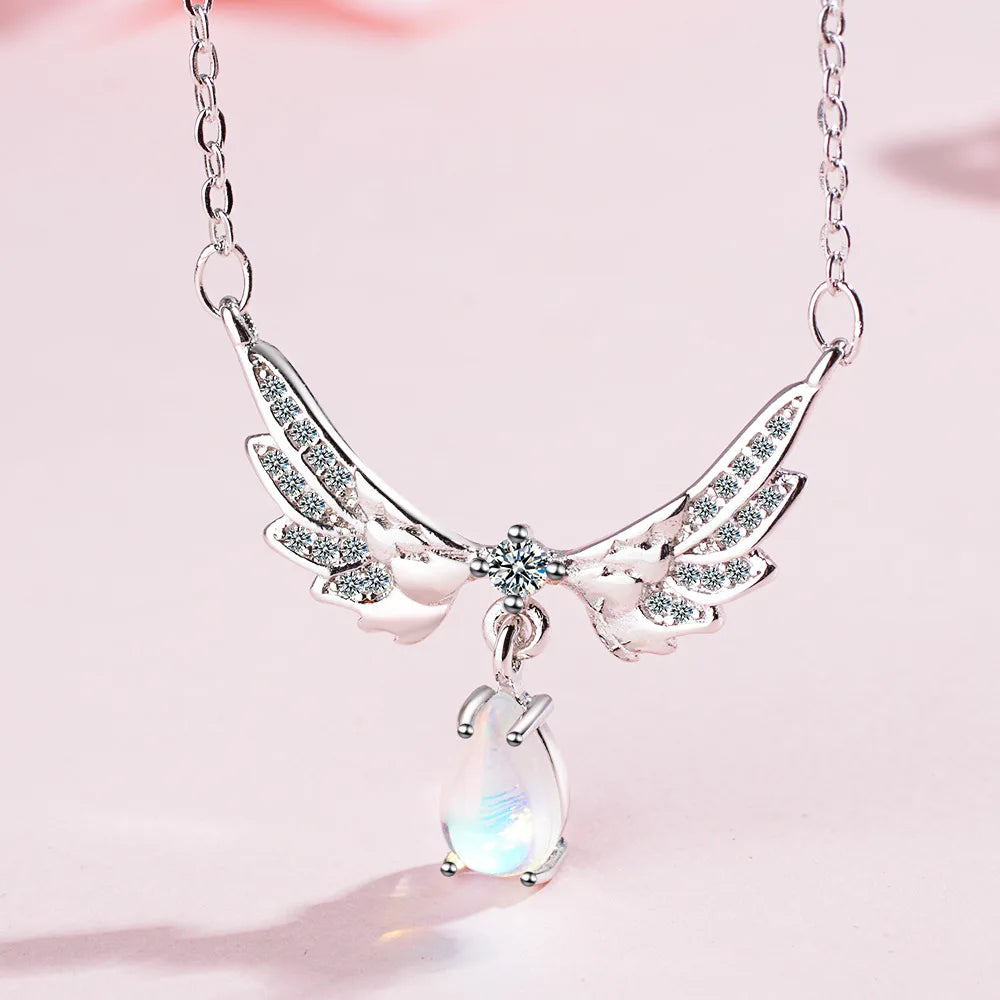 luckacco 925 sterling silver jewelry wing water drop crystal chain necklaces with pendant for women elegant accessories