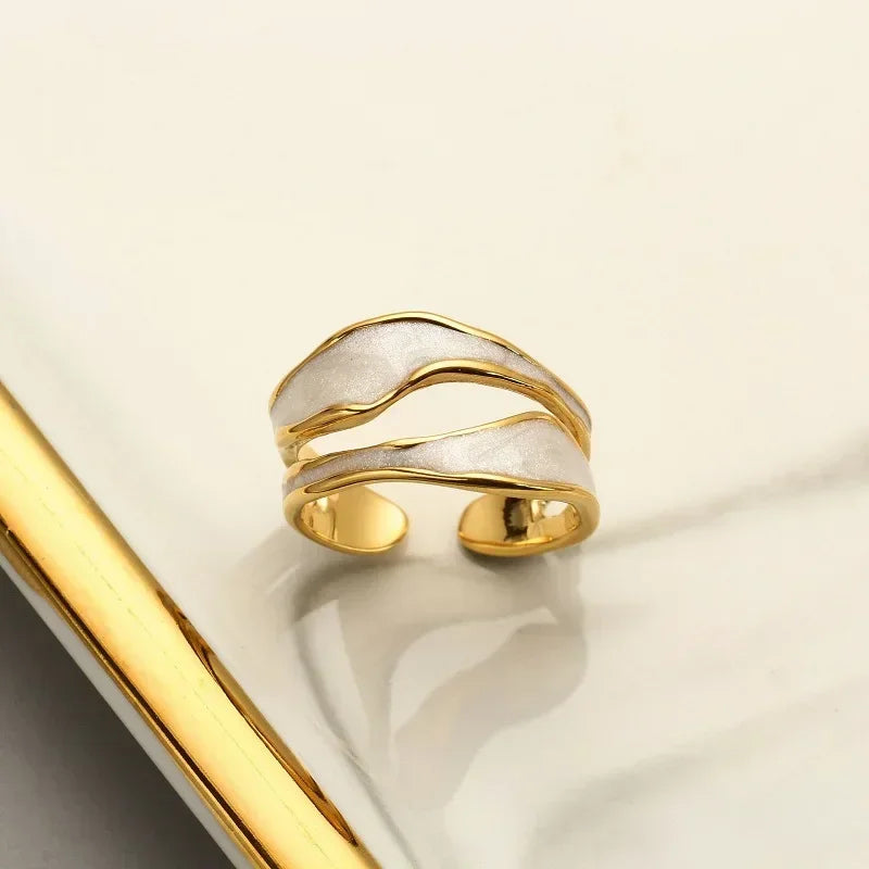 luckacco retro gold color double oil drip open rings for women luxury irregular adjustable finger ring 2025 new trendy wedding jewelry