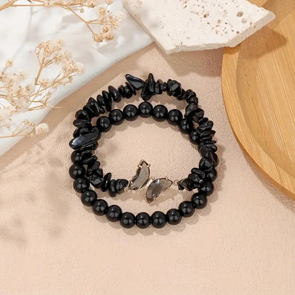 luckacco 2pc set romantic amethyst obsidian quartz beaded butterfly bracelet women stretch bangles positive energy daily commute