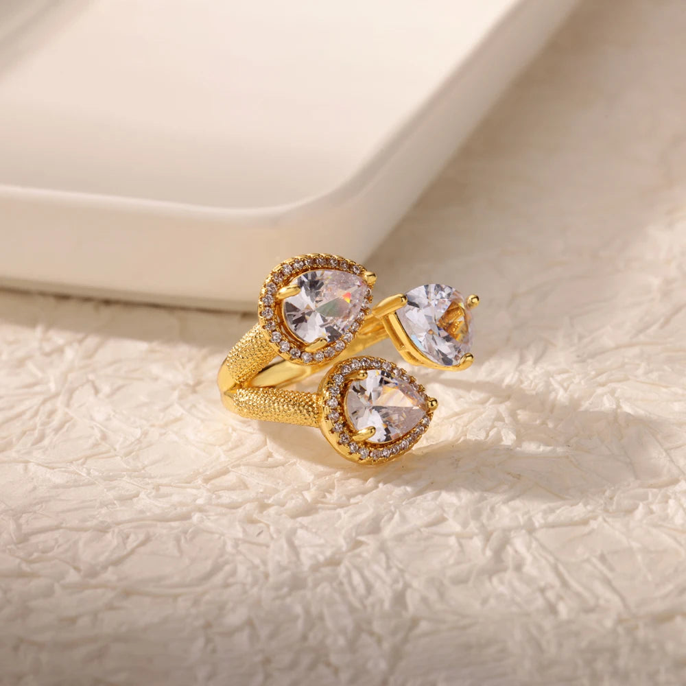 luckacco luxury gemstone flower stainless steel rings zircon adjustable ring women wedding anti fading jewelry vacation accessories gift