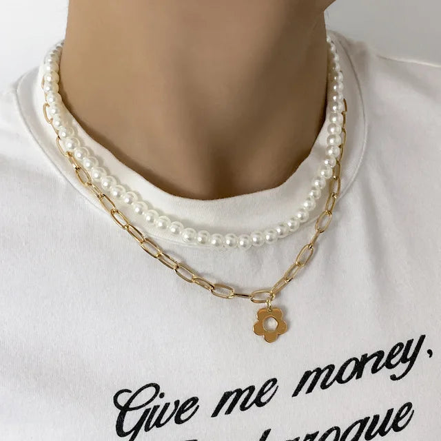 luckacco multi-layer white imitation pearl necklace bead  chain punk ladies wedding short clavicle necklac girl charm banquet jewelry