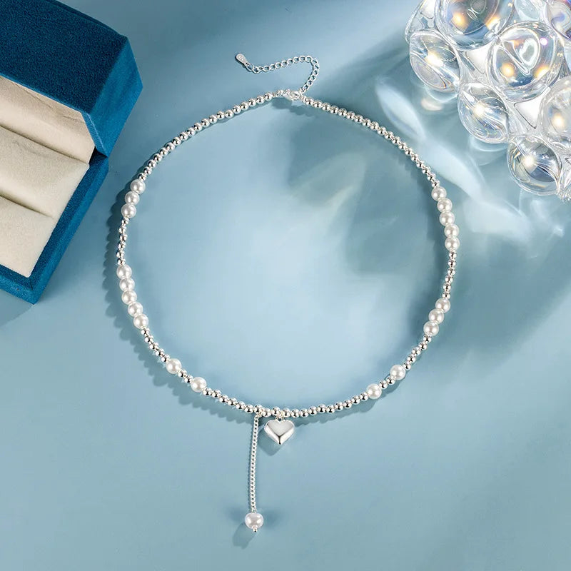 luckacco new trendy fashion 925 silver pearl simple elegant thin chain pendant necklace for women girl jewelry dropship