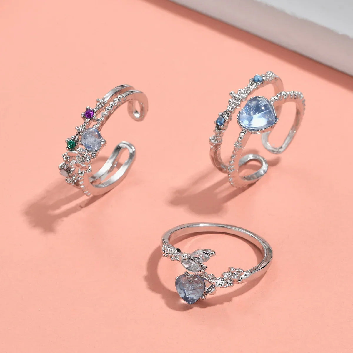 luckacco 2024 fashion jewelry crystal rings heart adjustable ring irregular geometry punk vintage rings set for women girls