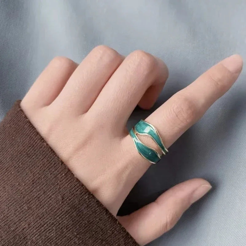 luckacco retro gold color double oil drip open rings for women luxury irregular adjustable finger ring 2025 new trendy wedding jewelry