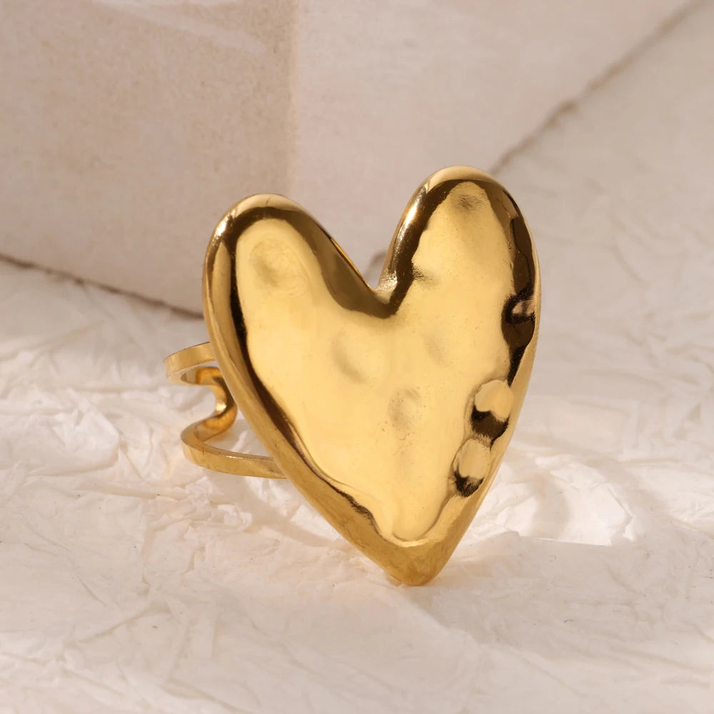 luckacco double heart rings for women gold color stainless steel open adjustable ring female fashion party wedding aesthetic jewelry gift