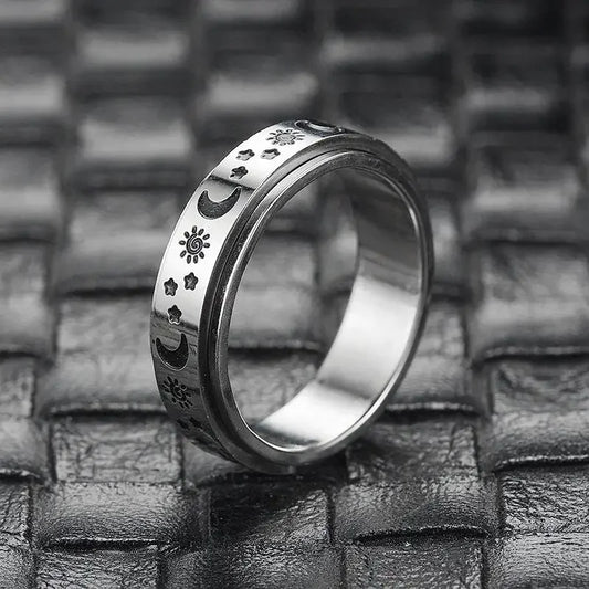 Luckacco Vintage Stainless Steel Sun Moon Star Rotating Spinning Wedding Promise Anniversary Statement Band Ring Jewelry