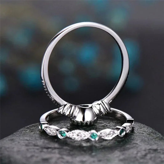 Luckacco 925 Sterling Silver Ring Set with Emerald Zircon Crystals for Women Engagement Wedding Glamour Jewelry Gifts