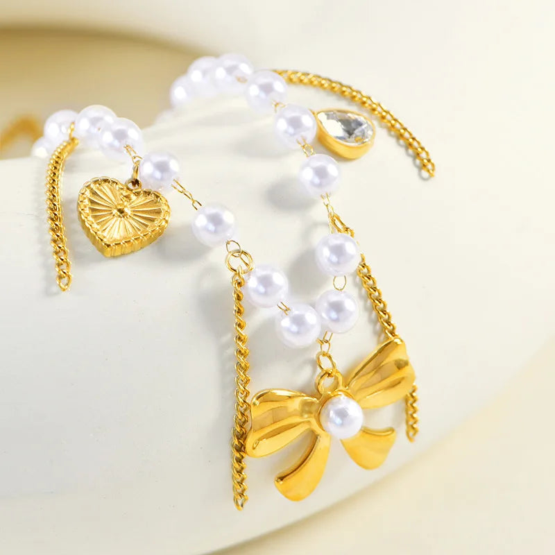 luckacco stainless steel handmade pearl chain bowknot pendant necklace for women new trend tassel choker jewelry gift birthday party