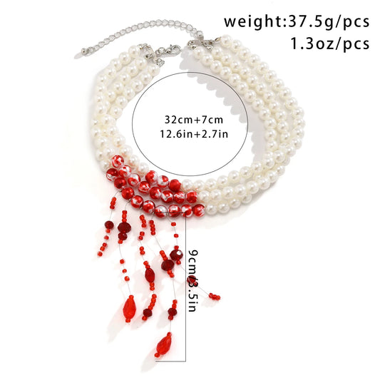 Luckacco Multilayer Vintage Red Blood Pattern Imitation Pearl Tassel Pendant Necklace for Women Goth Crystal Bead Chain Halloween Jewelry