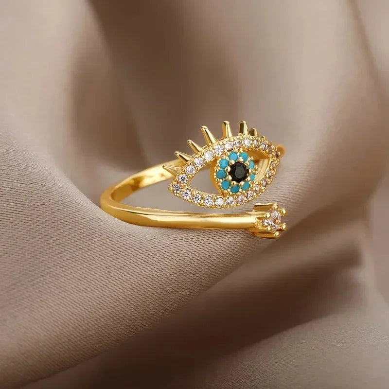 luckacco silver plated evil eye rings for women stainless steel turkish zircon demon eye couple ring vintage emo jewelry anillos mujer