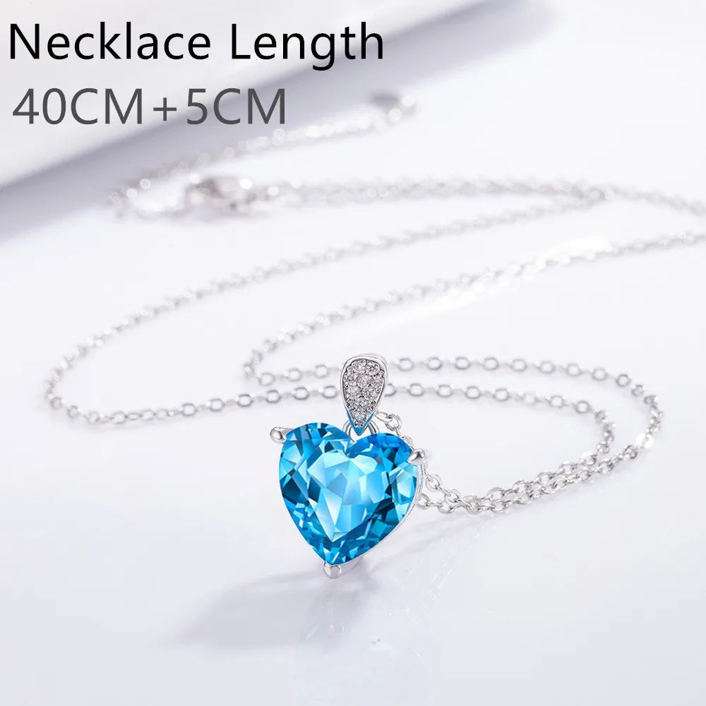 luckacco women's exquisite 925 sterling silver necklace with blue zircon crystal love heart pendant charm jewelry gift