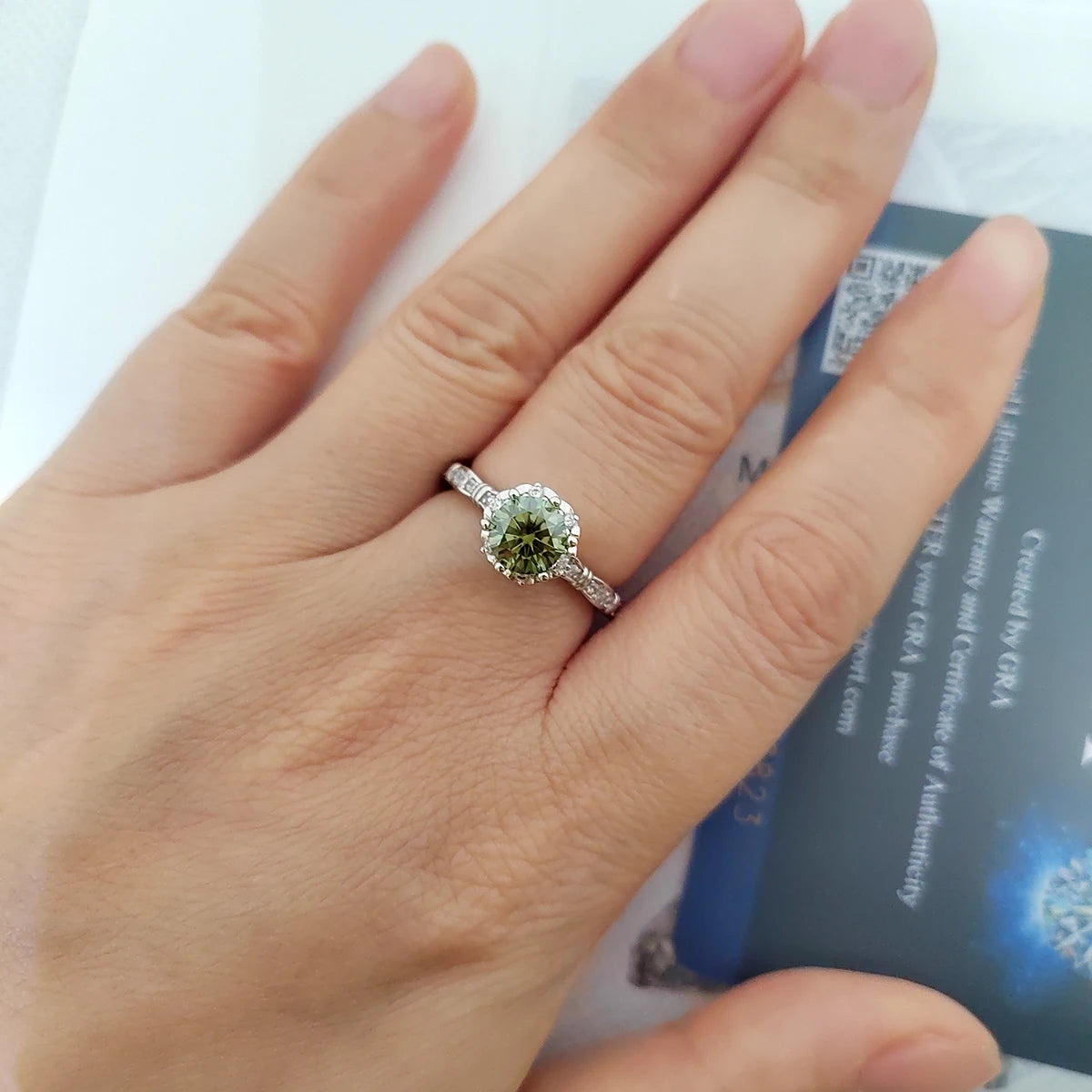 luckacco 100% true1ct yellow green moissanite vintage ring gra certificate passed diamond test women anniversary jewelry gift s925 silver