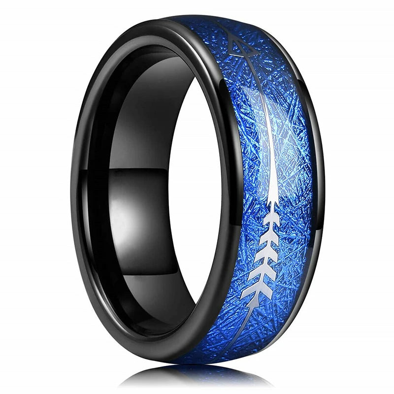 luckacco fashion 8mm silver color stainless steel rings for men double groove meteorite inlay dome men finger ring wedding band jewelry