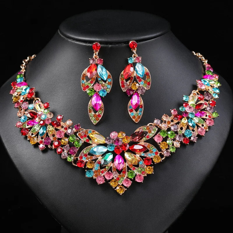 luckacco gorgeous colorful crystal rhinestone lucky necklace earring set wedding party costume jewellery newstyle trendy design girl gift