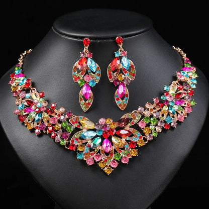 Luckacco Gorgeous Colorful Crystal Rhinestone Lucky Necklace Earring Set Wedding Party Costume Jewellery NewStyle Trendy design Girl Gift