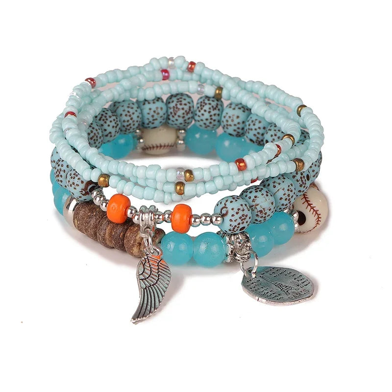 luckacco boho tree of life bracelet set for women fashion tassels charm wooden beads elastic chain bangle girl trendy party jewelry