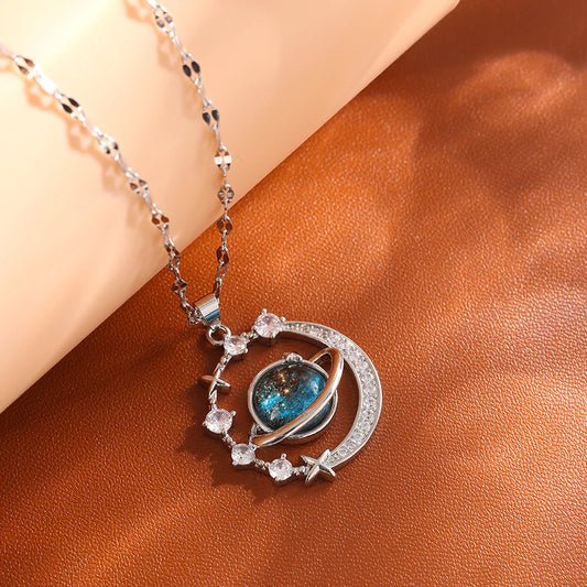 Luckacco Light Luxury Titanium Steel Star Series Necklace for Women Gold Color Planet Moon Astronaut Pendant Necklaces Jewelry Gifts New Sliver Color A