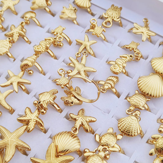 Luckacco 10 Pcs Stainless Steel Ocean Shell Conch Sea Turtle Fish Tail Dolphin Bead Ring Jewelry Size Opening Adjustable Party Gift